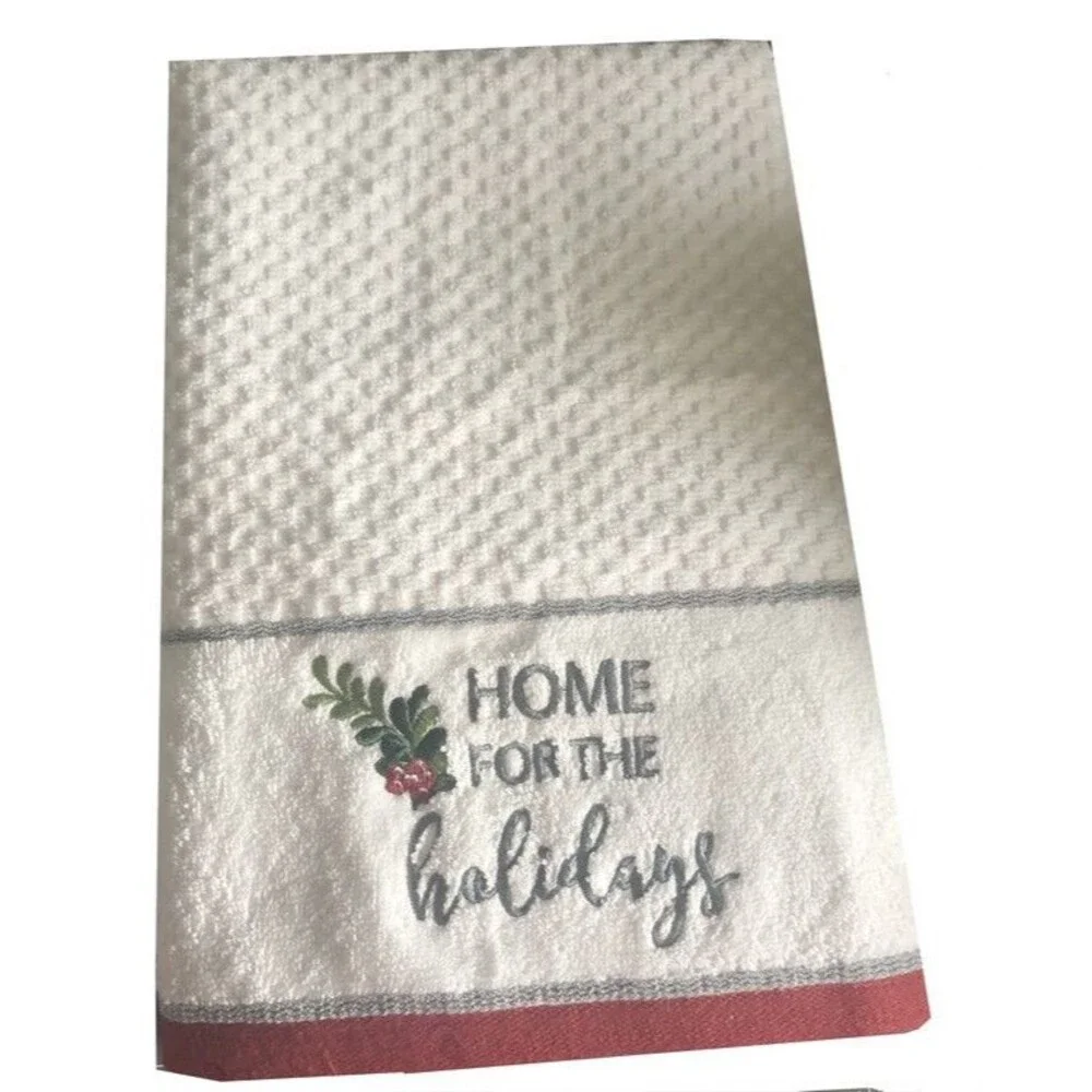 Christmas Home For the Holidays Bath Towels White Embroidered Holly Set Of 2